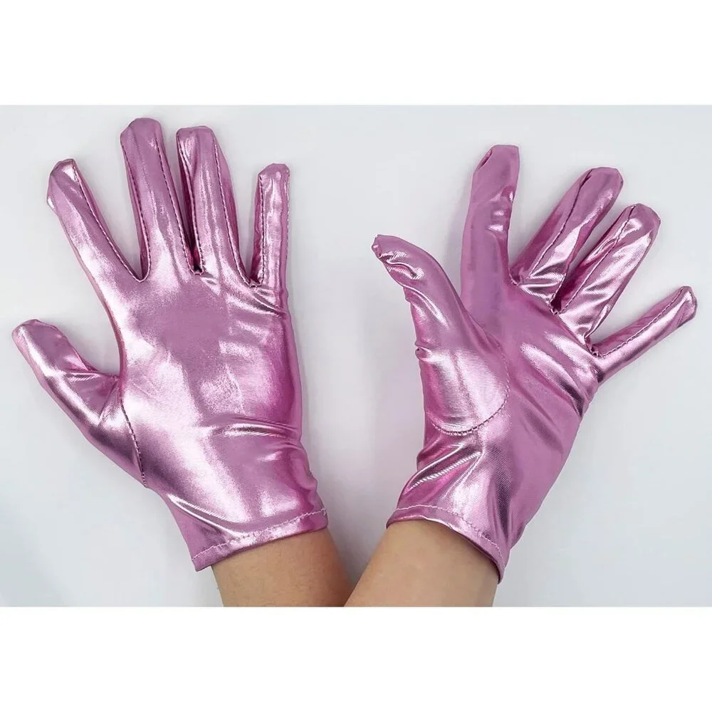 Women's Pink Shiny Metallic Wrist Gloves Cosplay Halloween Costume Accessories